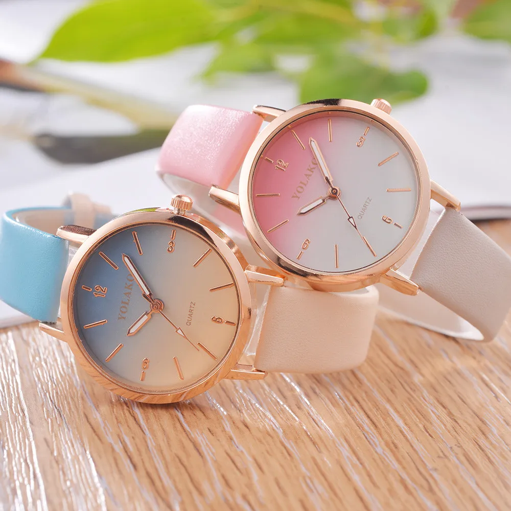 

Yolako Fashion Casual Girls Ladies Leather Band Women's Watches Quartz Analog Wrist Watches Gradient Round Dial Reloj hombre B30