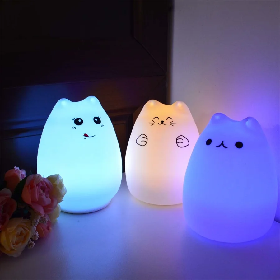 7 цветов кошка силиконовая лампа мультфильм животное дыхательный светодиодный ночник мягкая спальня RGB светодиодный светильник милый питомец подарок для детей ребенок USB