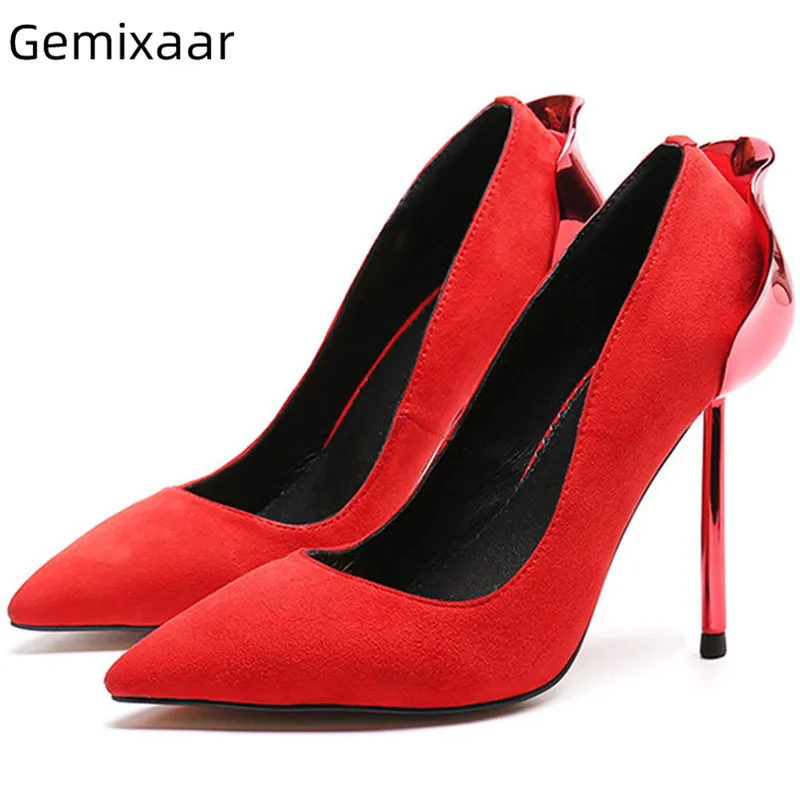 

Red Kid Suede Pumps Shoes Women Pointed Toe Slim Shallow Footwear Metal High Gliadiator Heels Walking Shoes Multy Color Pumps