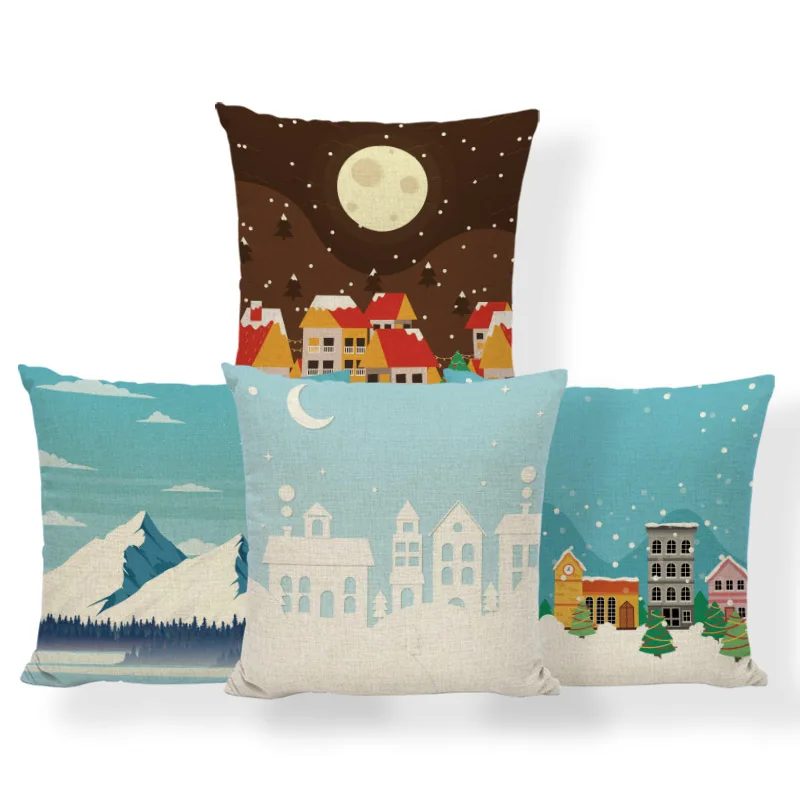 

Merry Christmas Mountain Cushion Covers Deer Snow Scene Pillows Forest Star Pop Art Floor Nap Mat Throw Pillow Small Linen Warm