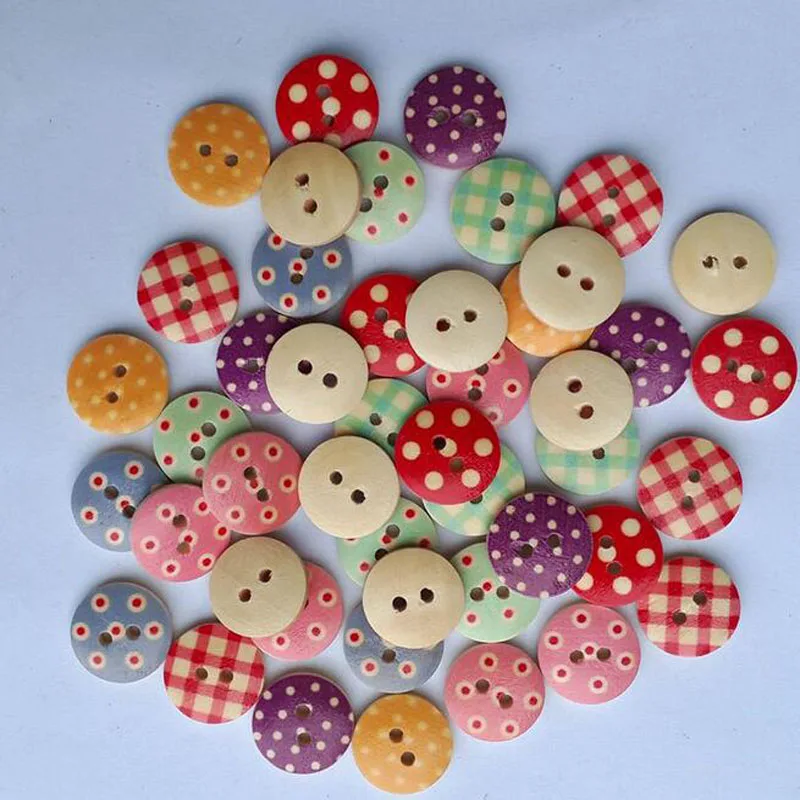 100pcs 2 Holes Mixed Craft DIY Colorful Printing Grid Wooden Buttons