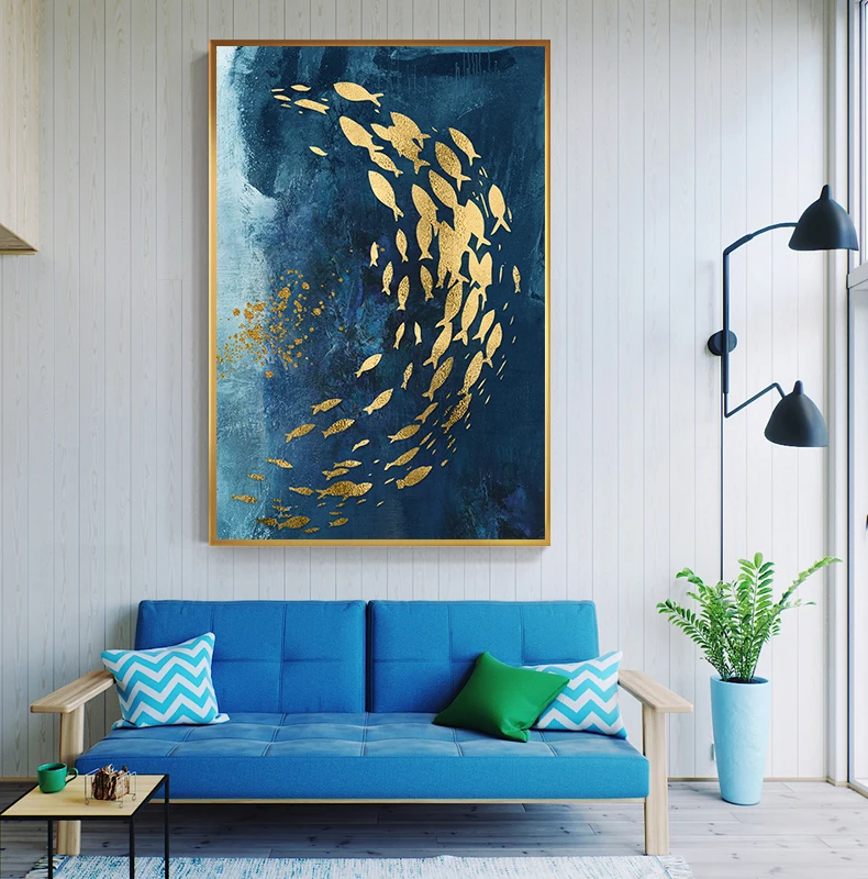 Абстрактная Китайская Картина на холсте с золотой рыбкой, большой синий плакат, роскошная Настенная картина для гостиной