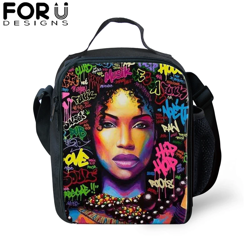 

African Black Girl Print Messenger Thermal Food Lunch Bag for Children Woman Lunch box Picnic Bag Kids Insulated Shoulder bag