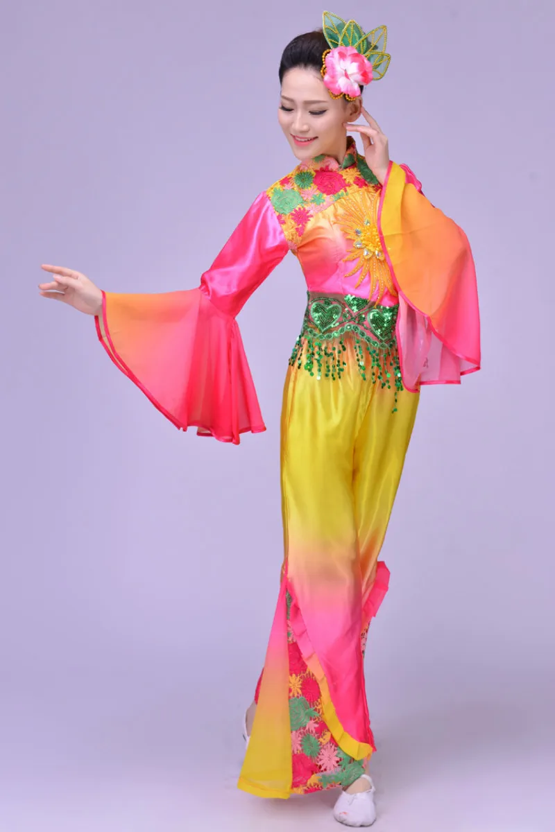 Традиционная китайская одежда для женщин древний янгко народный танцевальный веер желтый костюм костюмы женщина янгге Одежда для танцев