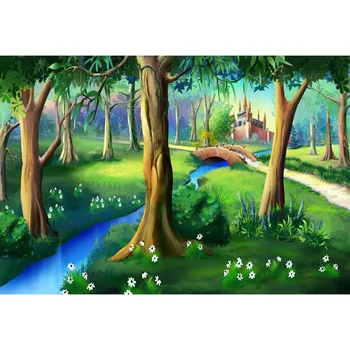 

Vinyl Forest Photo Backdrop Printed Trees White Flowers River Bridge Castle Baby Kids Cartoon Photography Backgrond G-583