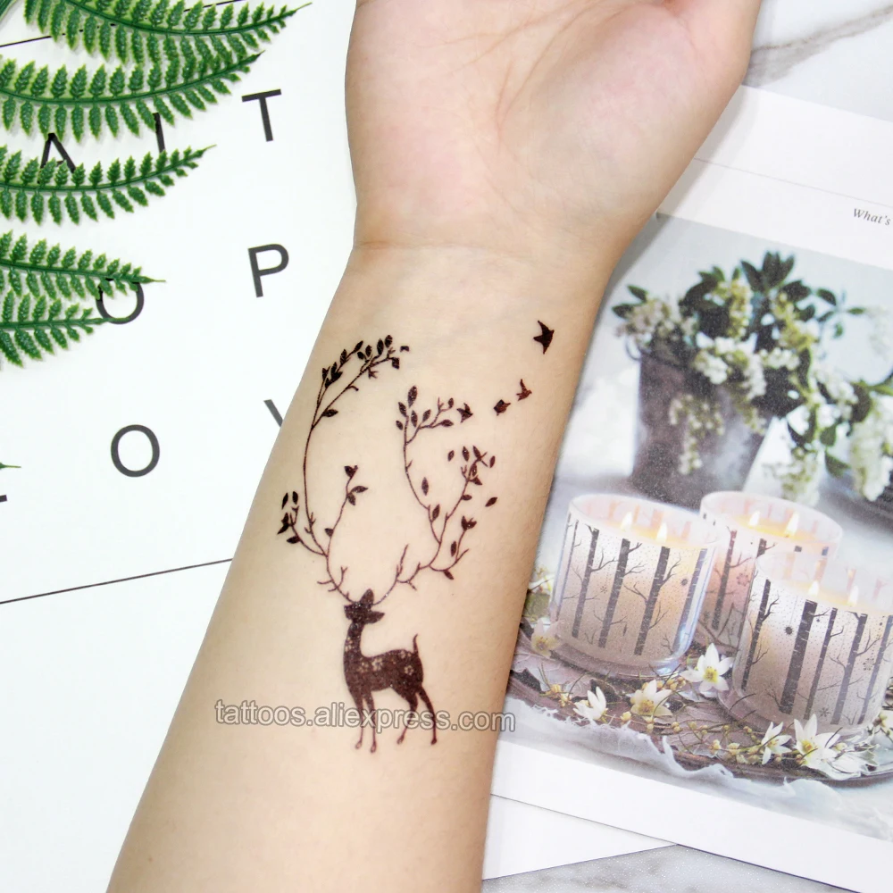 

Waterproof Temporary Tattoo sticker on body black flowers deer tattoo Water Transfer fake tattoo flash tattoo for girl man women
