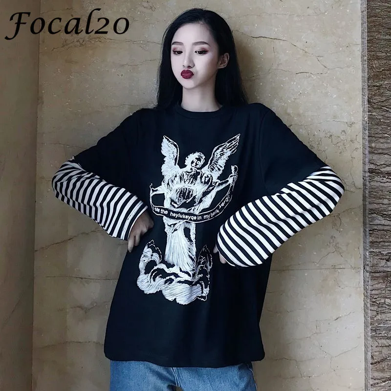 Focal20 الشارع الشهير الملاك أجنحة شريط النساء البلوز البلوز كم طويل السببية البلوز المعتاد فضفاض رياضية