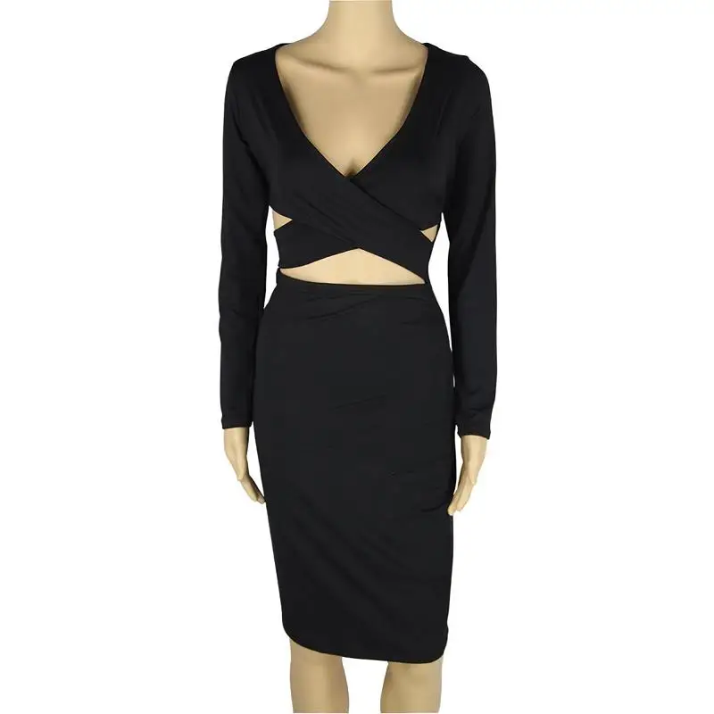 ADEWEL 2017 Autumn Long Sleeve Hollow Out Sexy Club Bandage Bodycon Dress Velvet Inside Elastic Elegant Pencil Party Dresses (16)