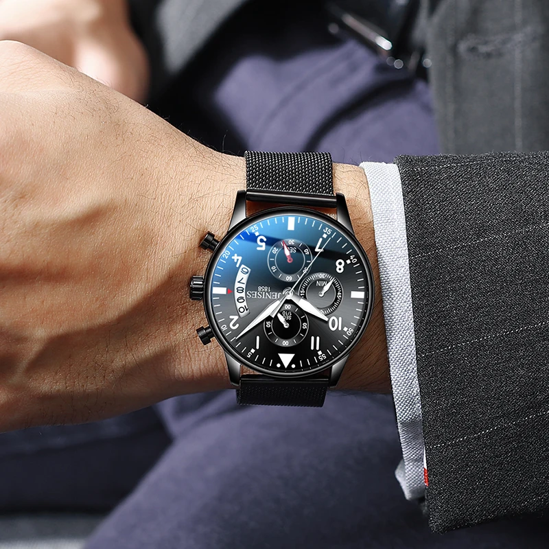 JENISES Chronograph Auto Date Men Sports Watches Top Brand Fashion Military Quartz Wrist Leather St