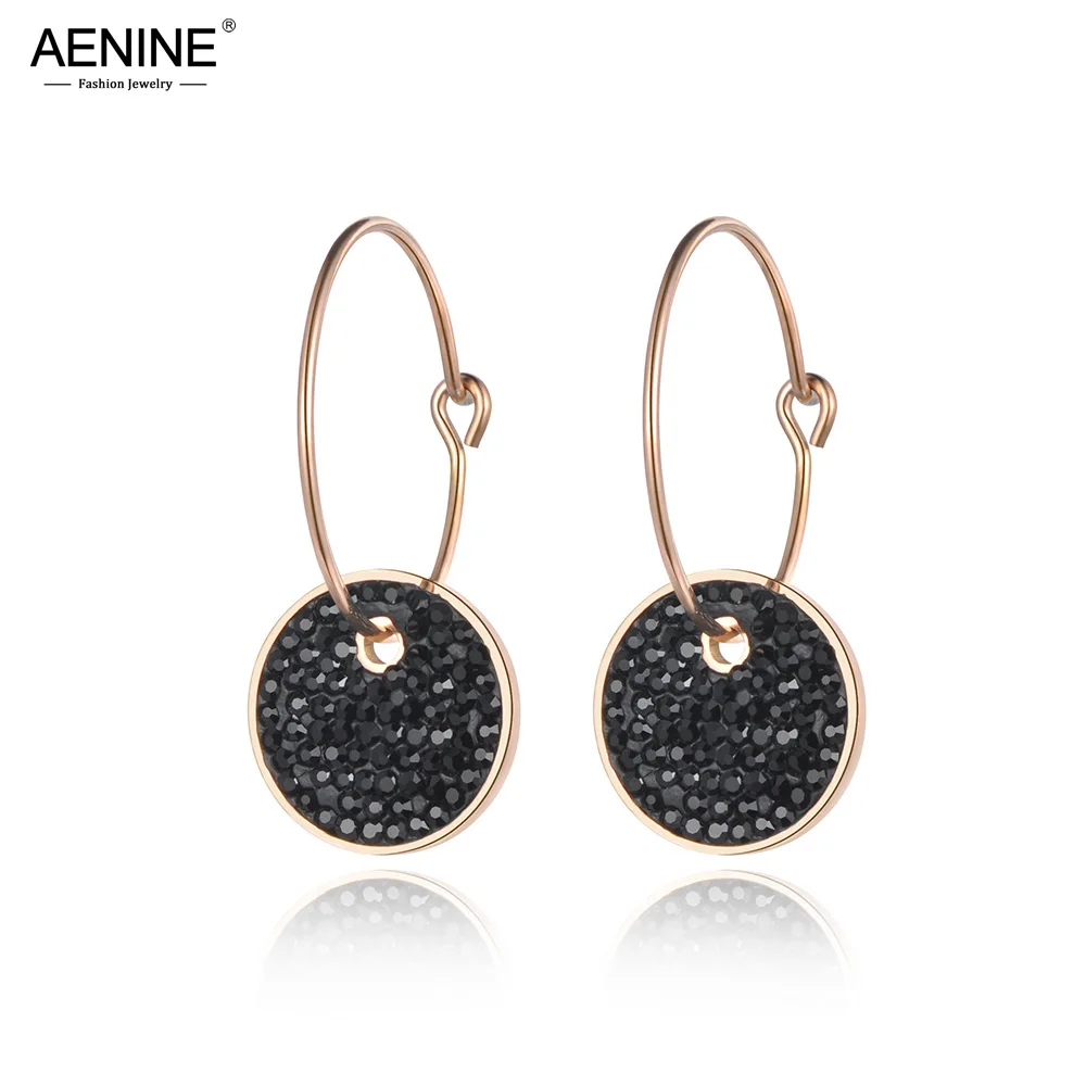 

AENINE Stainless Steel Hoop Earrings White & Black Round Clay Crystals Rose Gold Party Jewelry Wedding Earrings Gift AE18459