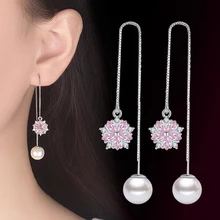 Atacado moda rosa flores imatation pérolas para mulher kpop 925 prata borla pingente longo orelha linha brincos 5y051