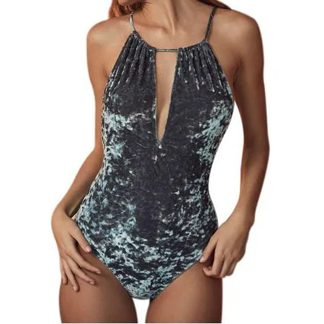 

High Qualitty Spaghetti Strap Halter Neck Hollow Out Velvet Velour Bodysuit Women Sexy Backless Jumpsuit Bikini Romper 2019