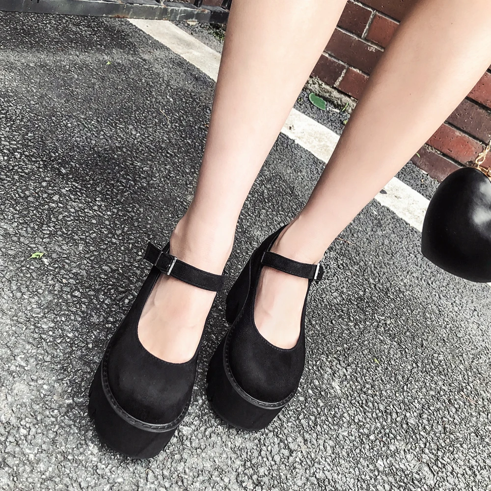 AIYKAZYSDL Women Pumps Platform Wedge Shoes Block Chunky Thick High Heels Preppy Style Cosplay Shoes Mary Jane Faux Suede Shoes