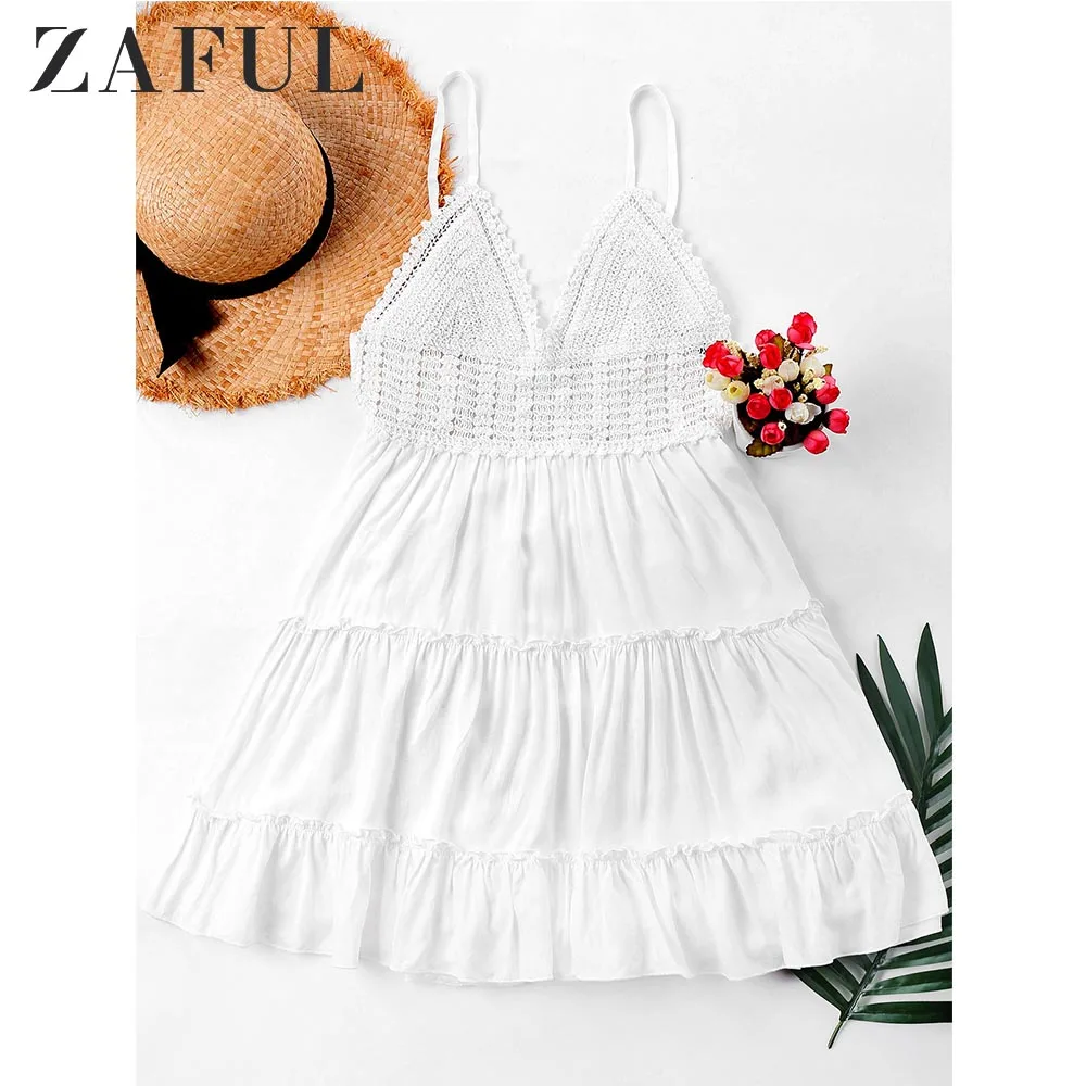 

ZAFUL Crochet Panel Cami Flare Dress Knotted Back Spaghetti Strap Halter Sleeveless Mini Dress Summer Ruffles Beach Dresses