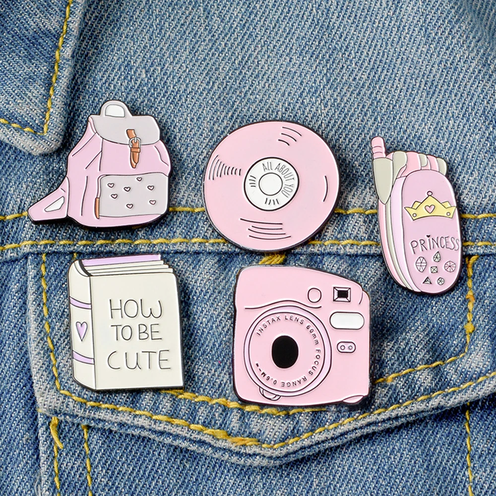 

Backpack Book Camera Mobile phone CD Enamel Pin Custom Badges Pink Girl Brooches Lapel Pins Denim Shirt Collar Jewelry Gift Kids