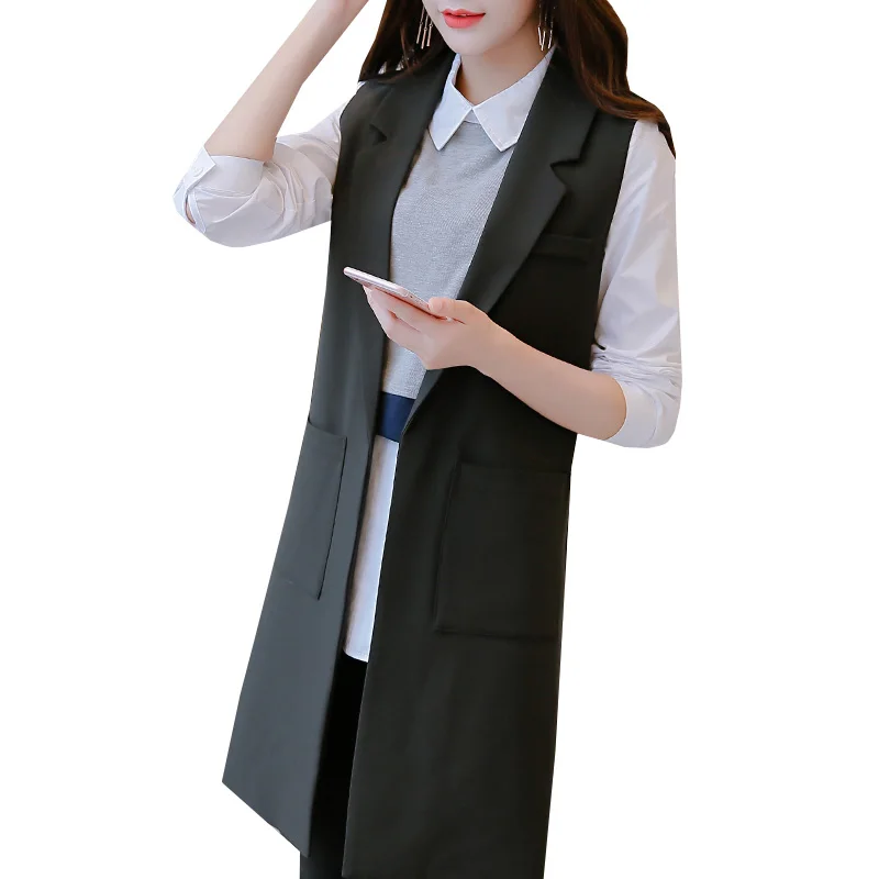 

2017 New Fashion Autumn Women Waistcoat Elegant Long Coat Slim Sleeveless Black Blazer Vest Outwear Plus Size Jacket Suit AB343
