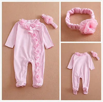 0~7M Long Sleeve Newborn Baby Girls Romper Jumpsuit Clothes Outfits Set Headband attached