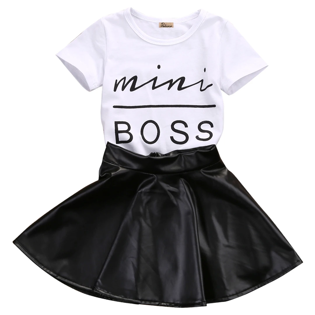 

2017 New 2pcs Baby Girl Kids Mini Boss Graphic Tees Shirt PU leather Skirt Outfits Set 1-6Y
