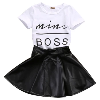 

2017 New 2pcs Baby Girl Kids Mini Boss Graphic Tees Shirt PU leather Skirt Outfits Set 1-6Y