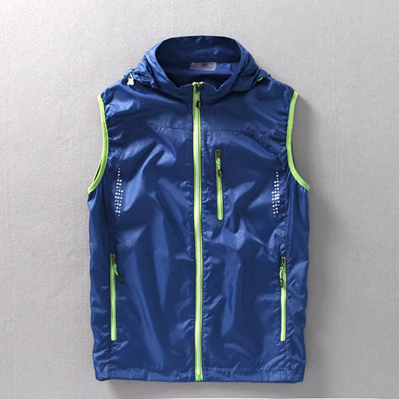 High Quality Hiking Men Vest Jackets Thin Sleeveless Jacket Zipper Vests Hooded Outdoor Running