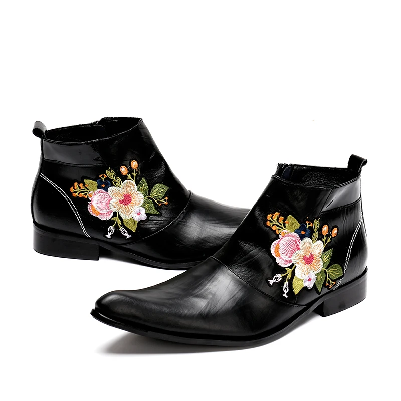 Zobairou chaussure homme; Черная мужская элегантная зимняя обувь из натуральной кожи; мужские ботинки челси с цветочной вышивкой; botas militares