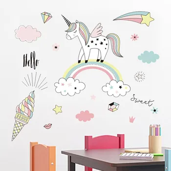 

Cute Unicorn And Rainbow Ice Cream Vinyl Wall Stickers Funny Cartoon Animal Wall Decal for Kids Rooms Bedroom Home Decor JH2049