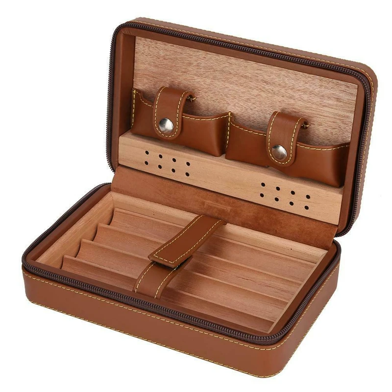 

Brown Leather Cedar Wood Cigar Case Travel Carry 4 Counts Mini Humidor Box Gadget Moisturizing Device Cigars Smoking Case Box