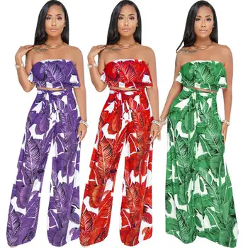 

2 Piece Jumpsuit crop top and pants Women Set Sleeveless Off Shoulder Jumpsuit Ruffles Purple Red Green Print Bandage Jumpuit