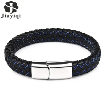 

Jiayiqi Men Jewelry Braided Leather Bracelet Stainless Steel Magnetic Clasp Fashion Punk Black Blue Bangles Gifts