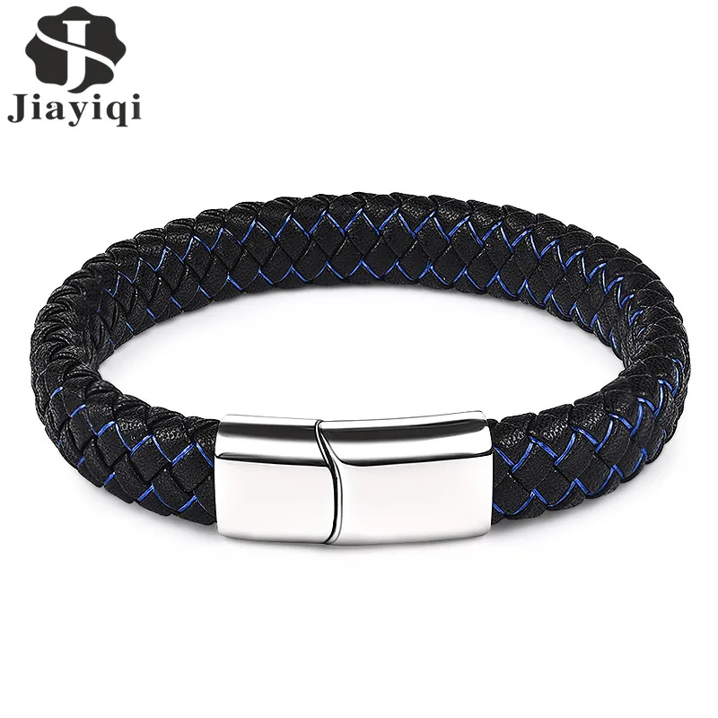 Jiayiqi New Men Jewelry Punk Black Blue Braided Leather Bracelet for Men Stainless Steel Magnetic Clasp Fashion Bangles Gifts Jiayiqi New Men Jewelry Punk Black Blue Braided Leather Bracelet for Men Stainless Steel Magnetic Clasp Fashion Bangles Gifts