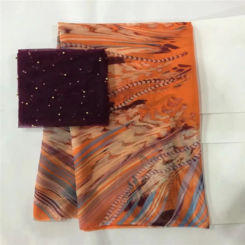 

wonderful silk lace Fabric Satin For Dress good quality African Silk stretch digital printing with beads 5+2 yards lxe032715