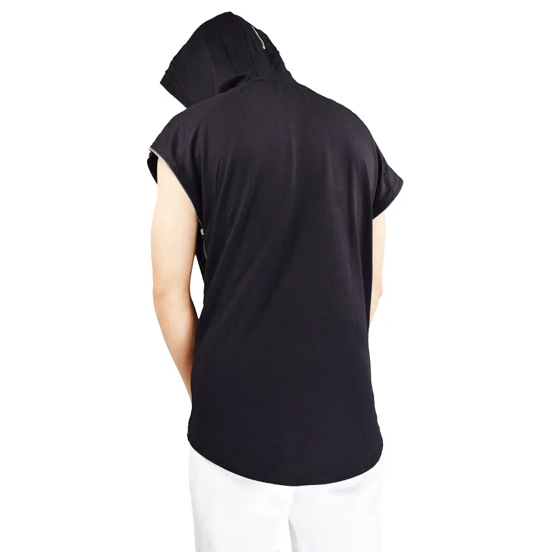 Hip Hop Hooded T shirt for Men Fashion Side Zipper Dance t shirts Black