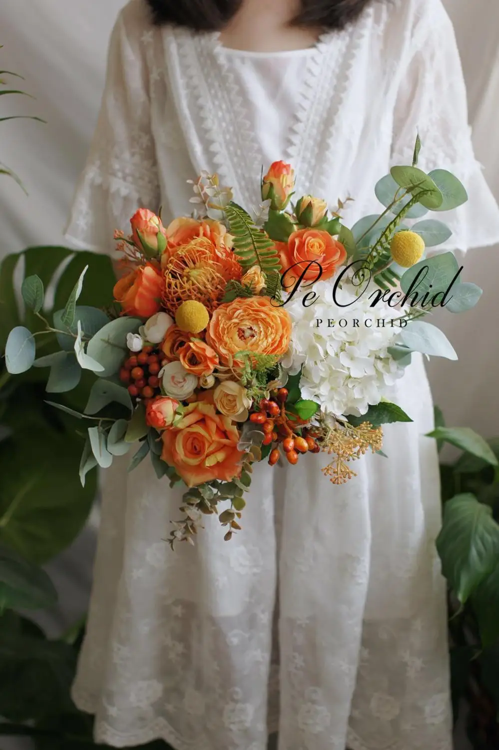 Peorchid Orange Silk Flower Wedding Bouquets Bridal Summer Fall