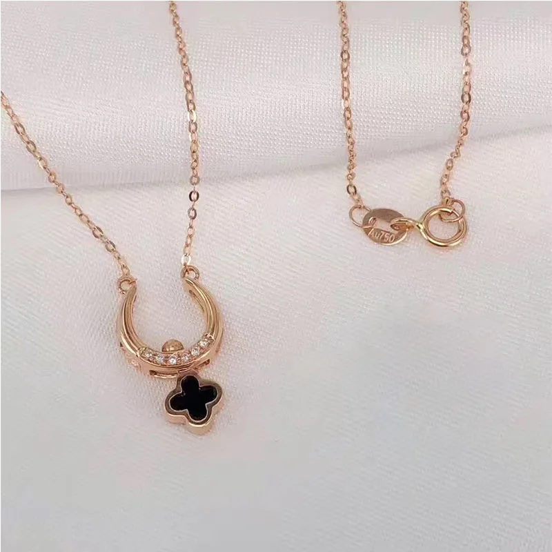 

ANI 18K Rose Gold (AU750) Wedding Pendant Necklace Clover Shape Agate Real Diamond for Women Fashion Engagement Chain Necklace