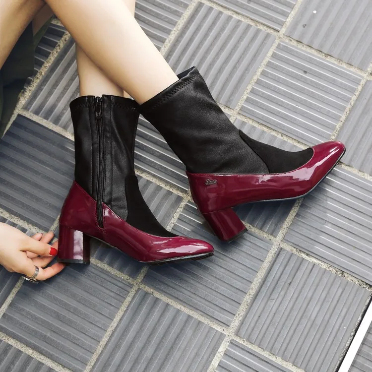 

Big Size 11 12 13 14 15 16 17 Euro-American Square-headed Colour-matching Buckle with Rough Heel Side Zipper Boots