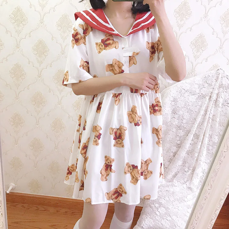 Японский kawaii Девушка милый студенческий стиль темно-синий воротник сладкий Лолита платье с милым принтом платье в викторианском стиле