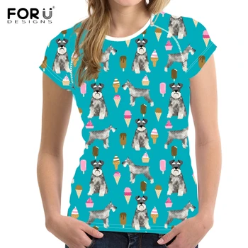 

FORUDESIGNS Funny Design Women Summer T Shirts Cute Puppy Schnauzer Ice Cream Print Girls O Neck Short Tees Fashion Fit T-shirts