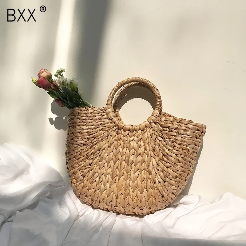 

[BXX] 2020 Summer Handmade Bags Women Beach Weaving Shoulder Bag Ladies Straw Top-Handle Bag Round Ring All-match Handbag HE299