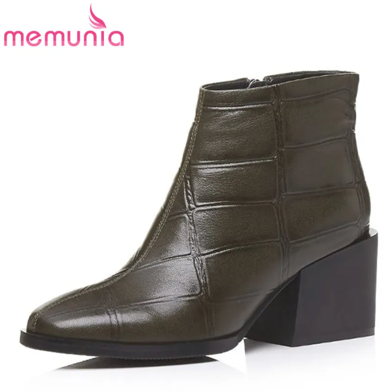 

MEMUNIA 2018 new fashion genuine leather boots women square toe autumn winter ankle boots zipper solid colors shoes woman
