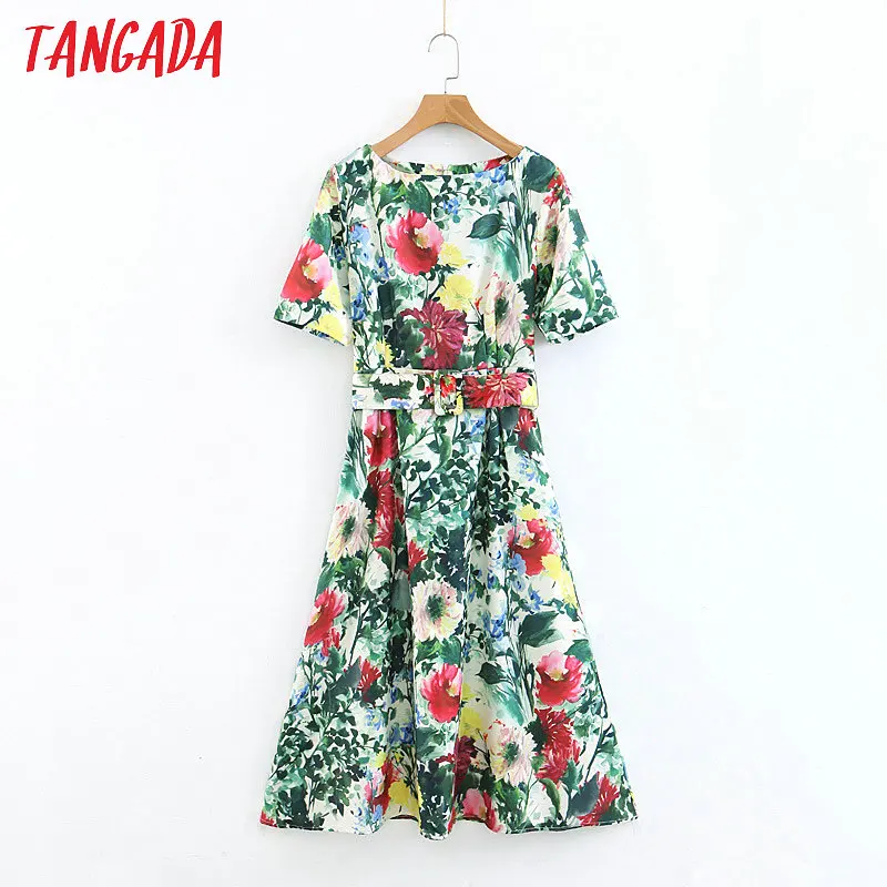 

Tangada women floral print long dress with belt o-neck half sleeve 2019 ladies midi dresses summer casual vestidos SL192