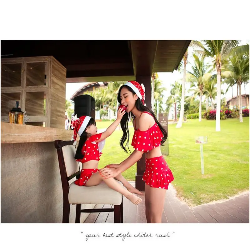 

Family swimwear mother daughter bikini set female swimsuit kids swimming summer beachwear for family bodysuit red bathing suit