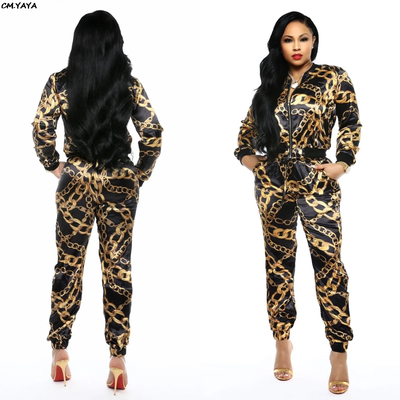 new women chain printed zip up turn down neck jackets pencil long pants suits two piece set tracksuit outfit GLX9108