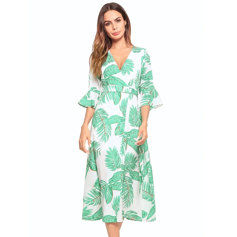

V Neck Chiffon Summer Women Sashes Dress Mint Green Bohemian Flare Sleeve Slit Dresses Lady Girls Dress robe femme ete 2018