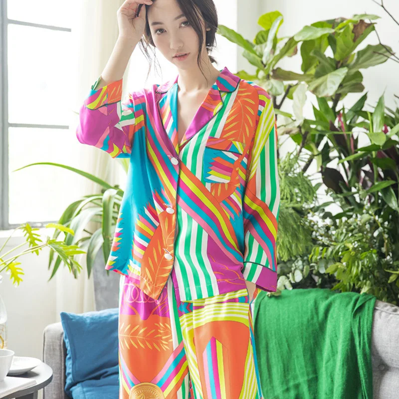 Еще раз шелковые пижамы женские весенние корейские модные пижамы размера плюс кардиган с длинными рукавами длинные брюки Костюм Сексуальная атласная пижама