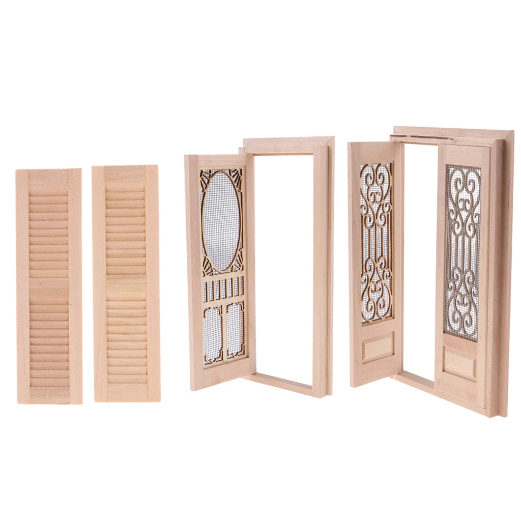 Wood Miniature External Hollow Screen Double Door + Single Door + Shutters 1/12 Dollhouse DIY Decoration Accessories