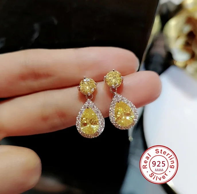 

Yellow AAA Cubic Zirconia Classic Big Drop Crystal 925 silver Earrings Luxury Bridal Plata Wedding Earrings for Women with stamp