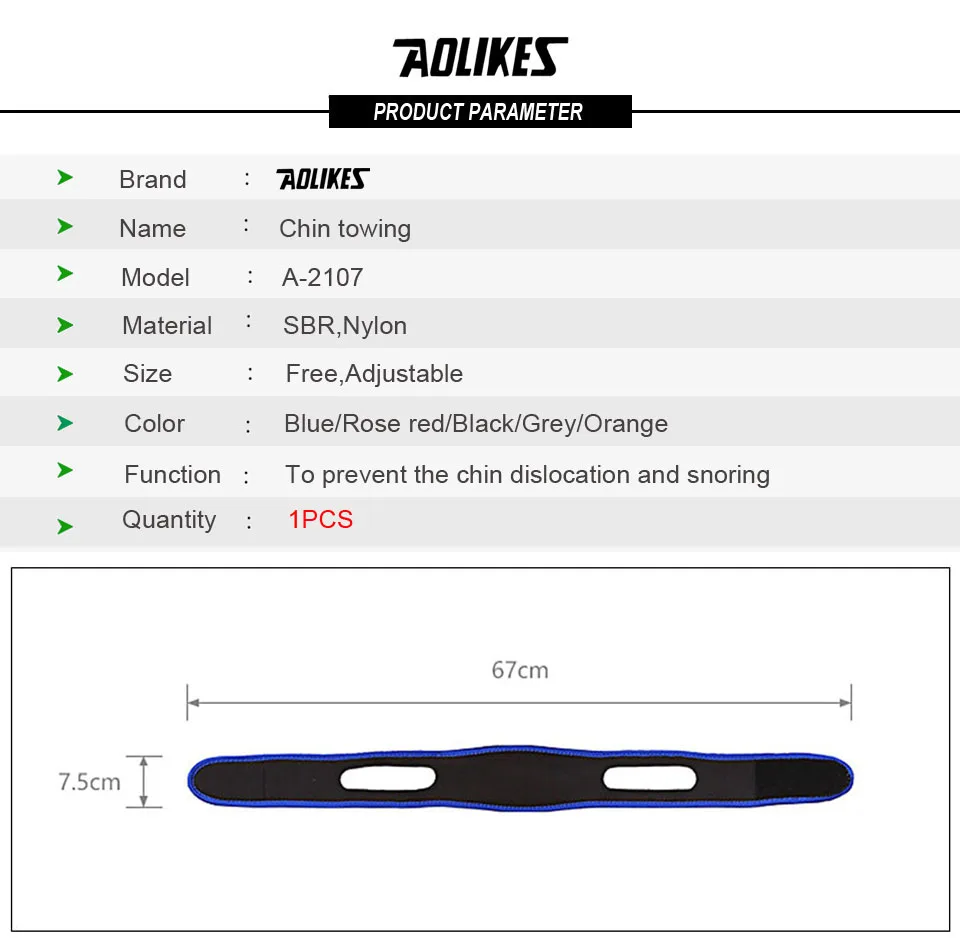 AOLIKES, 1 шт., 67*7,5 см, спортивная защита от травм подбородка, антихрап, хороший режим сна, храп, пояс для женщин/мужчин, подбородок, поддерживающие ремни