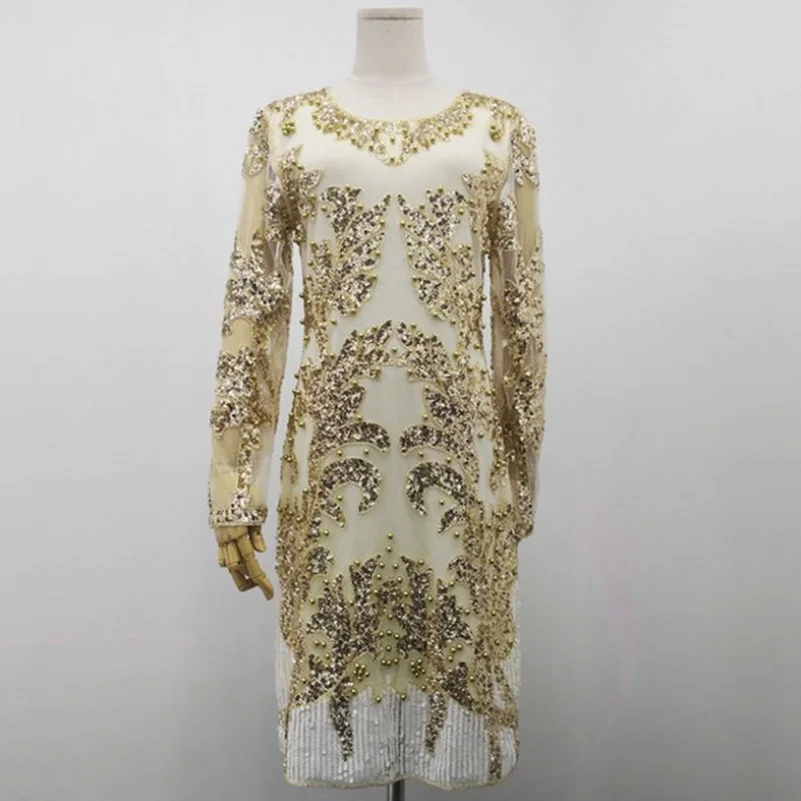 Beading Sequined Lace Dresses Women Fashion O-Neck Long Sleeve Luxury Knee-length Dress 2