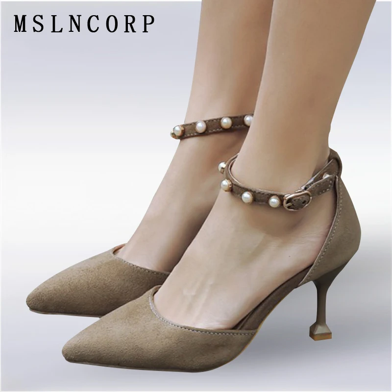 

Plus Size 34-43 New Fashion women high heel sandals Summer pointed toe sexy party woman ankle Pearls strap Pumps Shoes Footwear