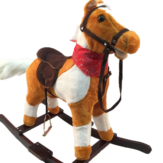 Plush Rocking Horses Toys for 3 8 Years Old Children Light Brown Wooden